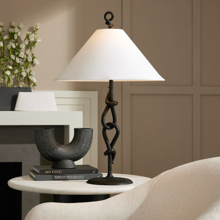 Blackened Iron Table Lamp with White Linen Shade