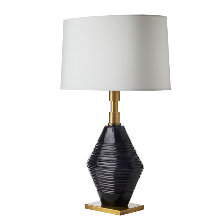 Navy Optic Glass Table Lamp with Brass Base and White Shade