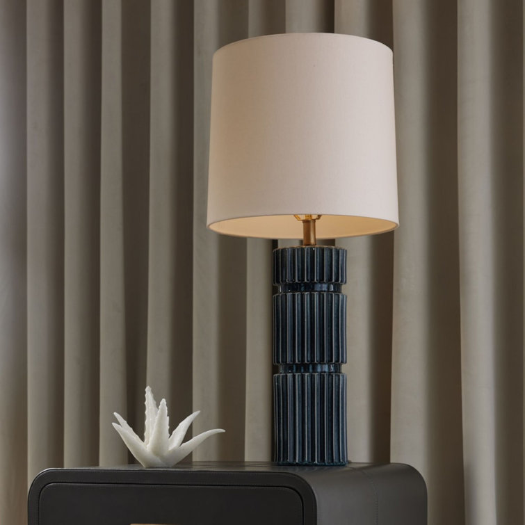 Ocean Blue Ceramic Fluted Table Lamp with White Shade