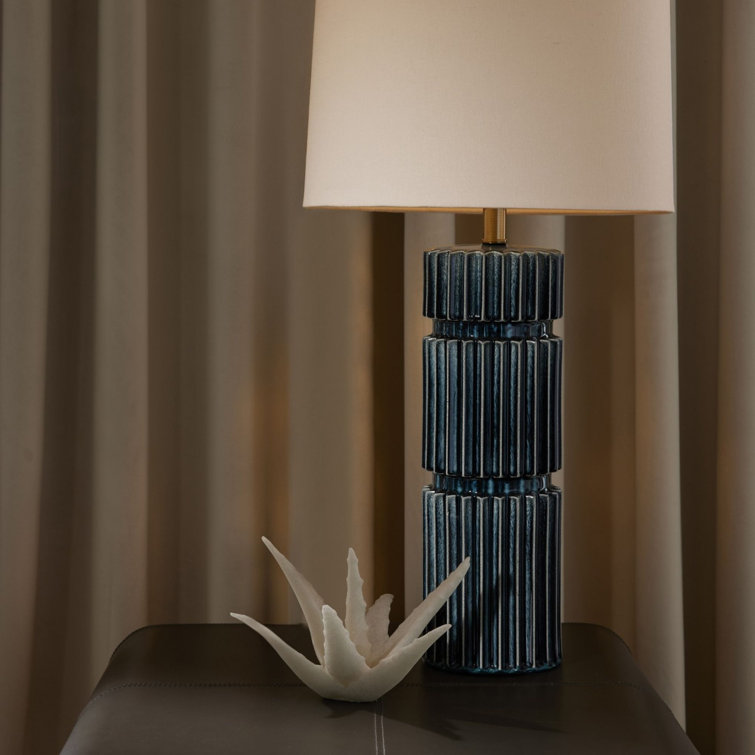 Ocean Blue Ceramic Fluted Table Lamp with White Shade