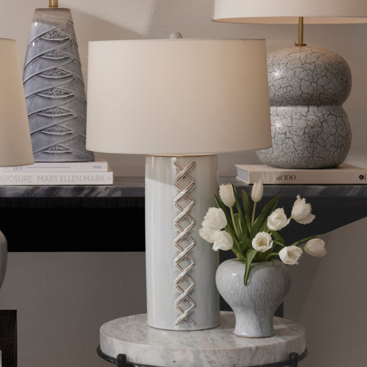 Silver Ceramic 3-Way Switch Table Lamp with Whipstitch Detail