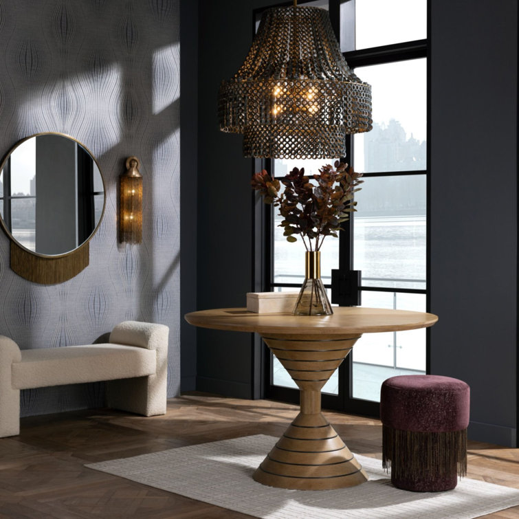 Gray Beaded Brass Empire Chandelier with Hand-Carved Details