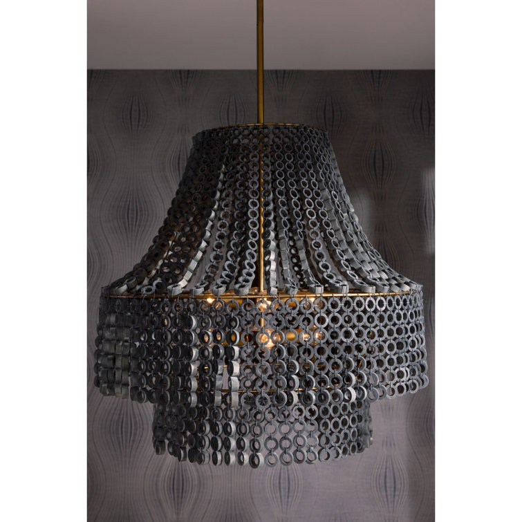Gray Beaded Brass Empire Chandelier with Hand-Carved Details