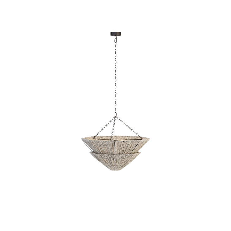 Light Gray Abaca and Brass Two-Tier Chandelier