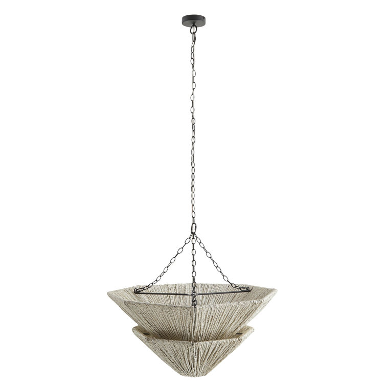 Light Gray Abaca and Brass Two-Tier Chandelier