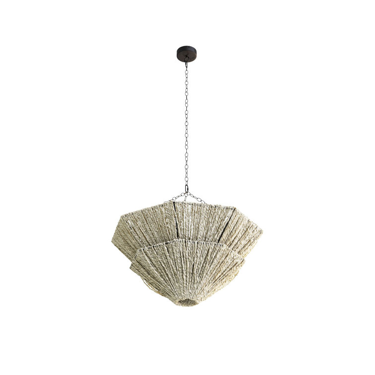 Light Gray Abaca and Brass Two-Tier Chandelier