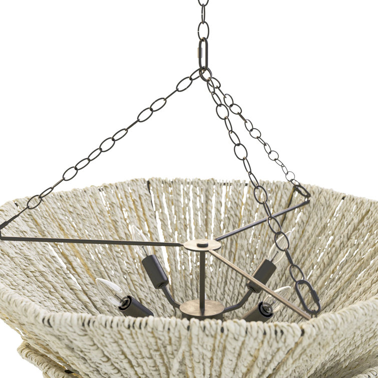 Light Gray Abaca and Brass Two-Tier Chandelier