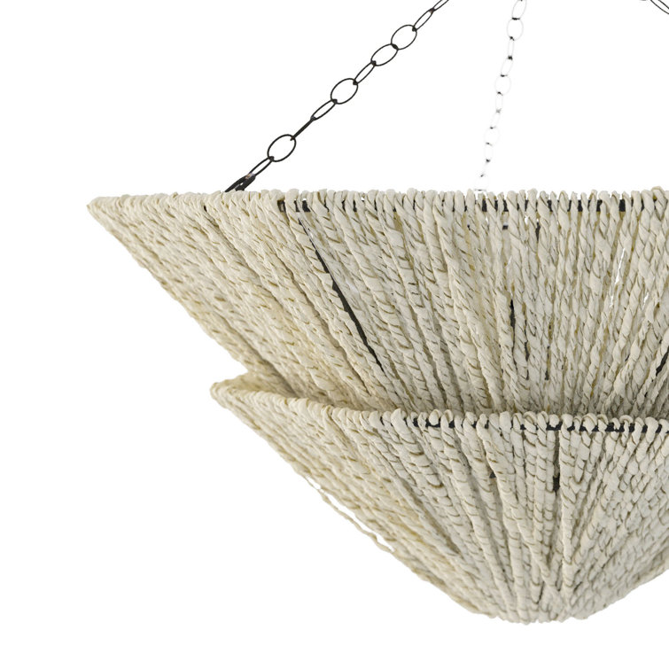 Light Gray Abaca and Brass Two-Tier Chandelier