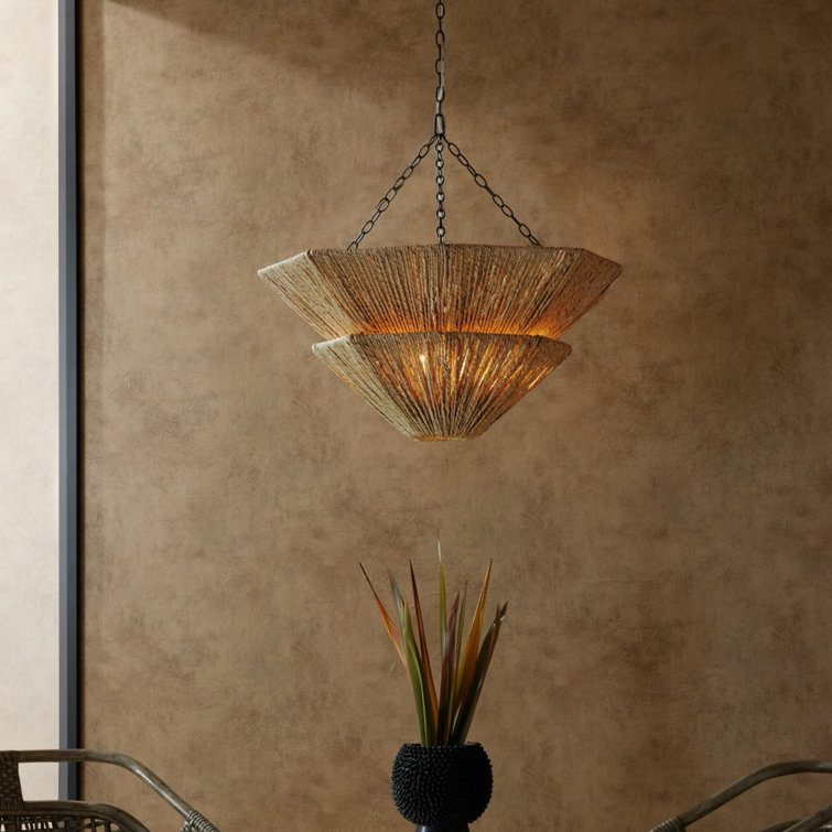 Light Gray Abaca and Brass Two-Tier Chandelier
