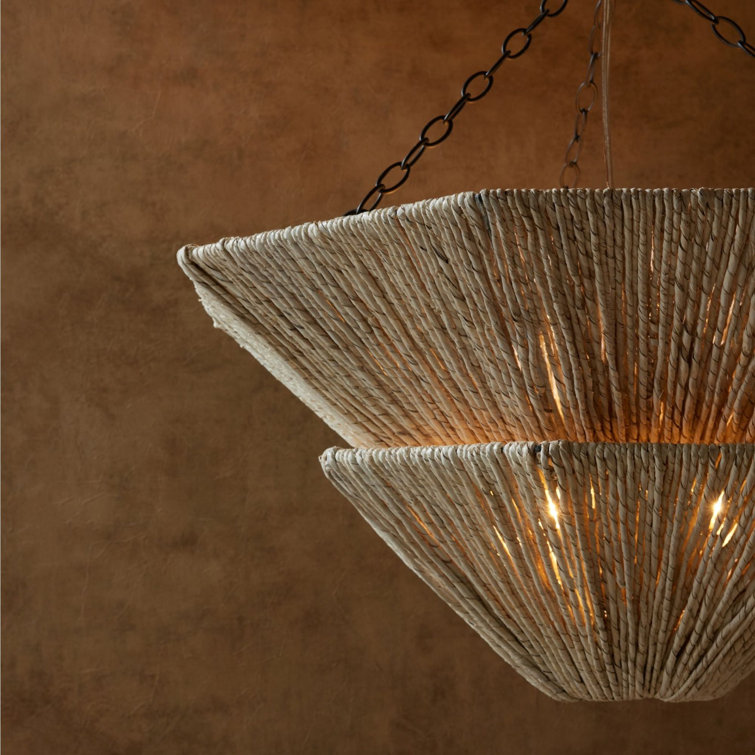 Light Gray Abaca and Brass Two-Tier Chandelier