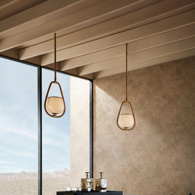 Antique Brass and Rattan Glass Bowl Pendant Light