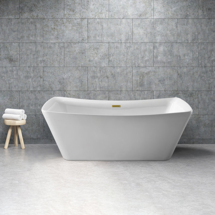 62" Glossy White Acrylic Freestanding Soaking Bathtub with Brushed Gold Hardware