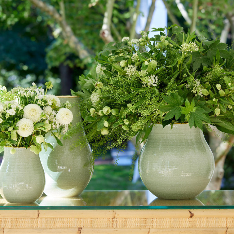 Green Gourd-Shaped Ceramic Table Vase with Gold Rim