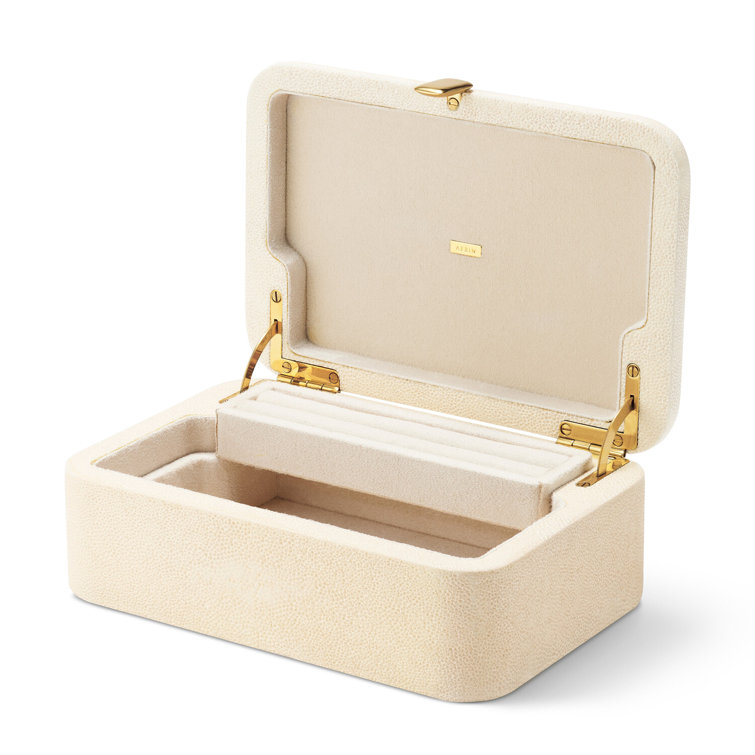 Small Off-White Shagreen Jewelry Box with Brass Detailing
