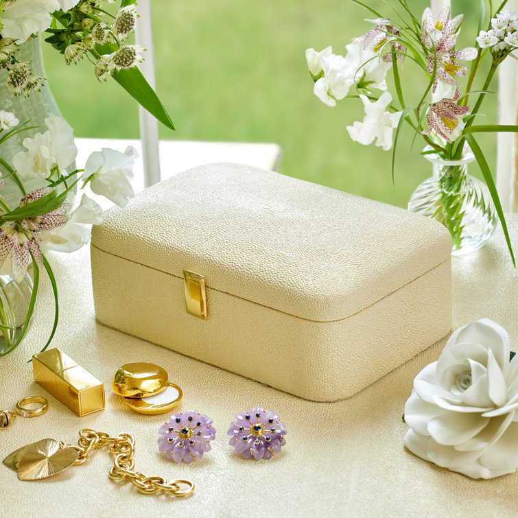 Small Off-White Shagreen Jewelry Box with Brass Detailing