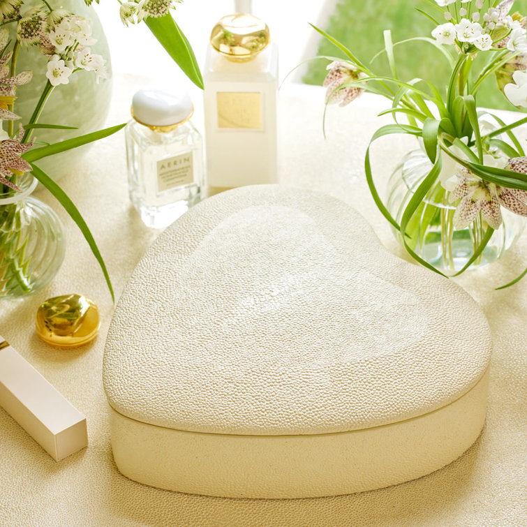 Cream Heart Shagreen and Wood Jewelry Box