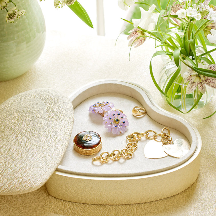 Cream Heart Shagreen and Wood Jewelry Box