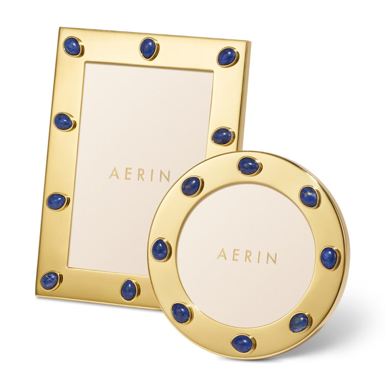 Handcrafted Gold Round Tabletop Frame with Lapis Stones