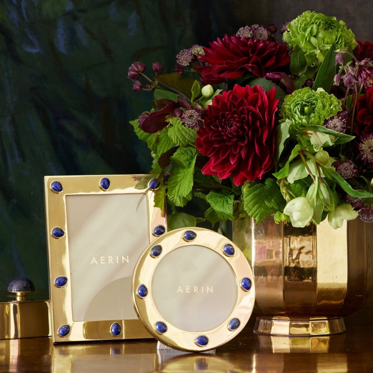 Handcrafted Gold Round Tabletop Frame with Lapis Stones