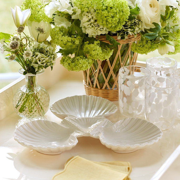 Off-White Ceramic Triangular Shell 3-Bowl Dish