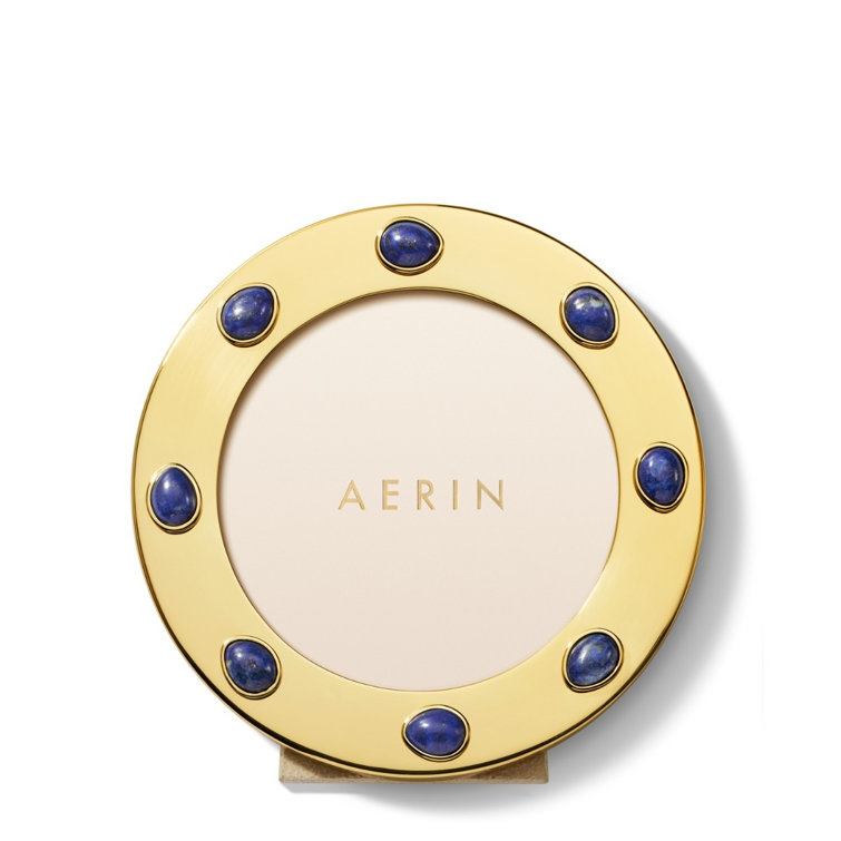 Handcrafted Gold Round Tabletop Frame with Lapis Stones