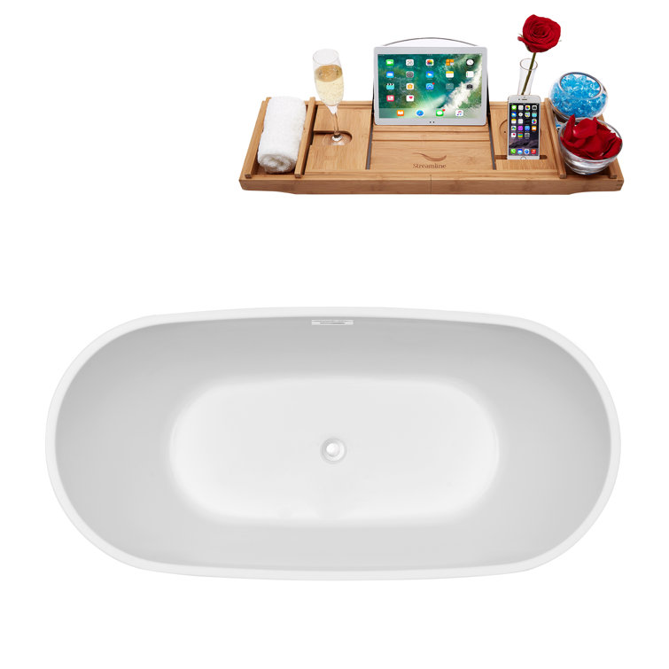 60" White Acrylic Freestanding Soaking Bathtub with Gold Drain