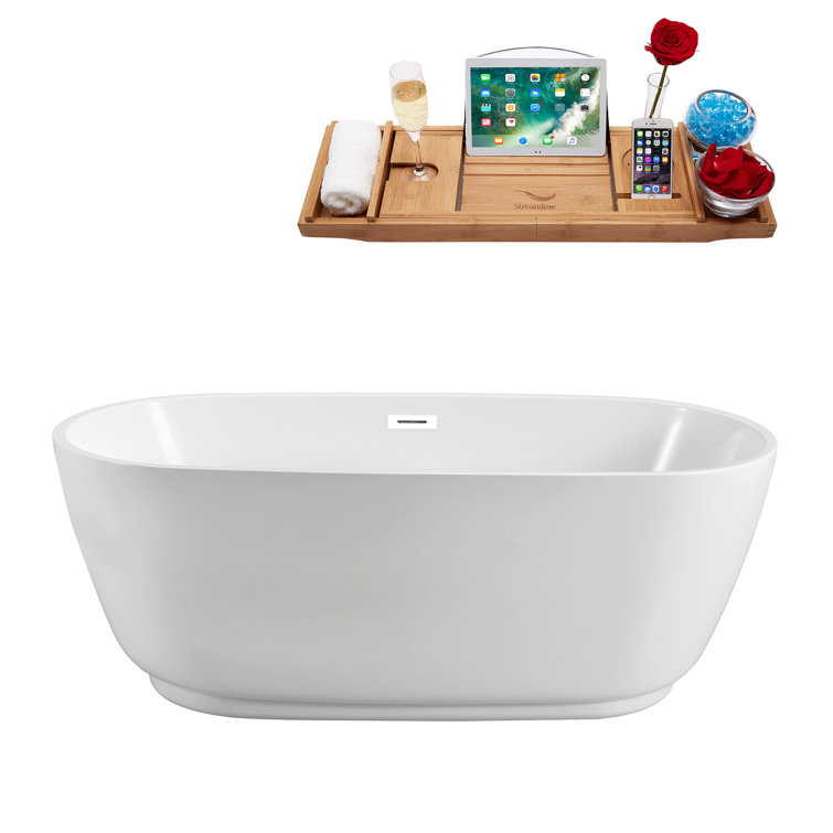 60" White Acrylic Freestanding Soaking Bathtub with Gold Drain