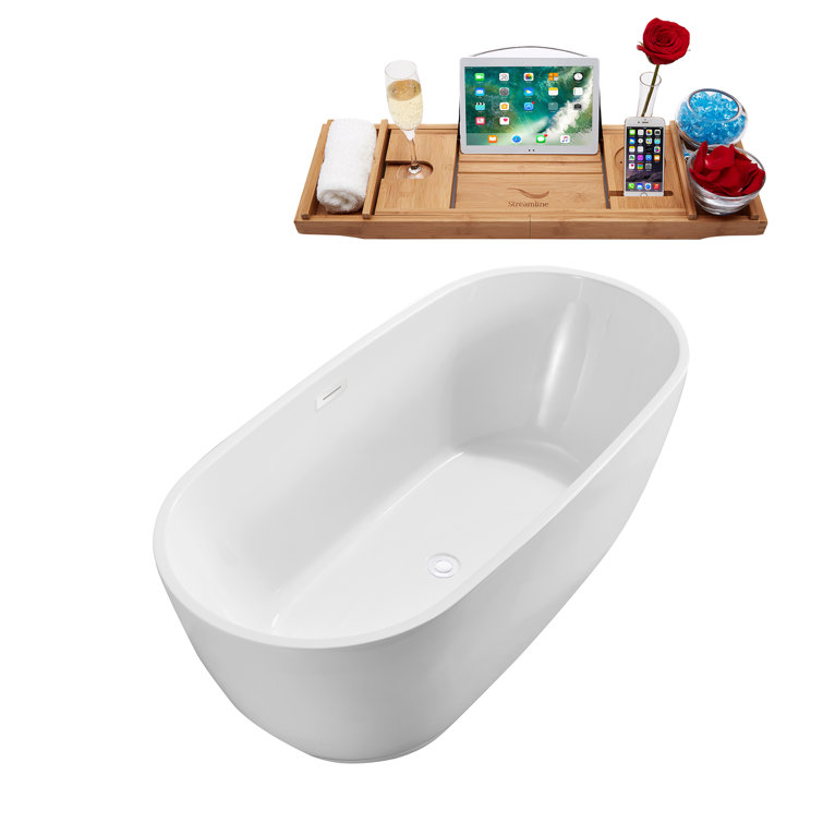 60" White Acrylic Freestanding Soaking Bathtub with Gold Drain
