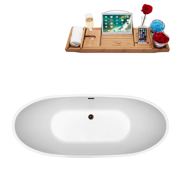 67'' White Acrylic Freestanding Soaking Bathtub with Bamboo Tray