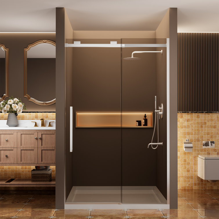 48" x 76" Frameless Brushed Nickel Sliding Shower Door