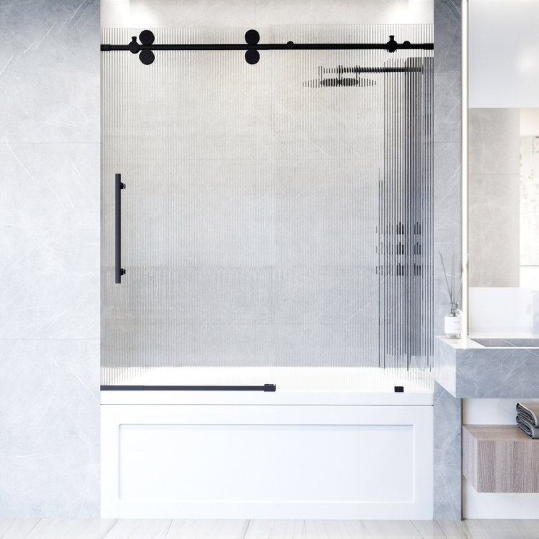 Elan 60" Matte Black Frameless Sliding Tub Door with Fluted Glass