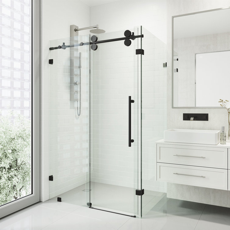 Winslow 46" Matte Black Frameless Sliding Shower Enclosure with Clear Glass