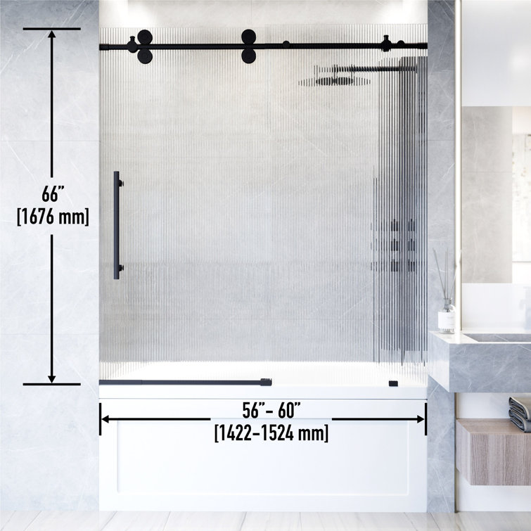 Elan 60" Matte Black Frameless Sliding Tub Door with Fluted Glass