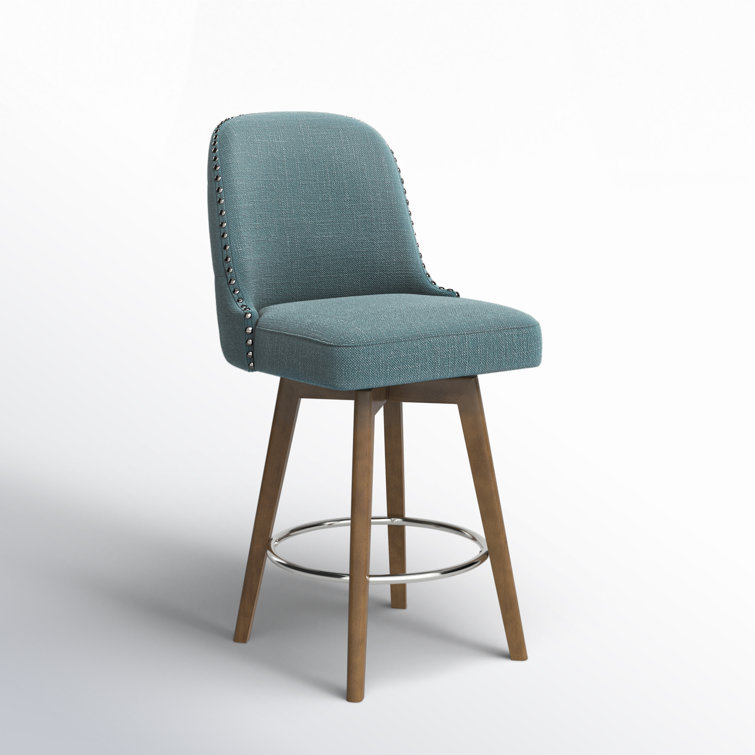 Elegant Blue Swivel Counter Stool with Walnut Wood Finish
