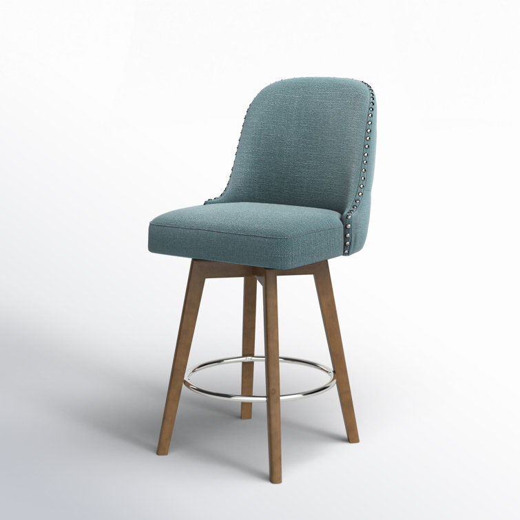 Elegant Blue Swivel Counter Stool with Walnut Wood Finish