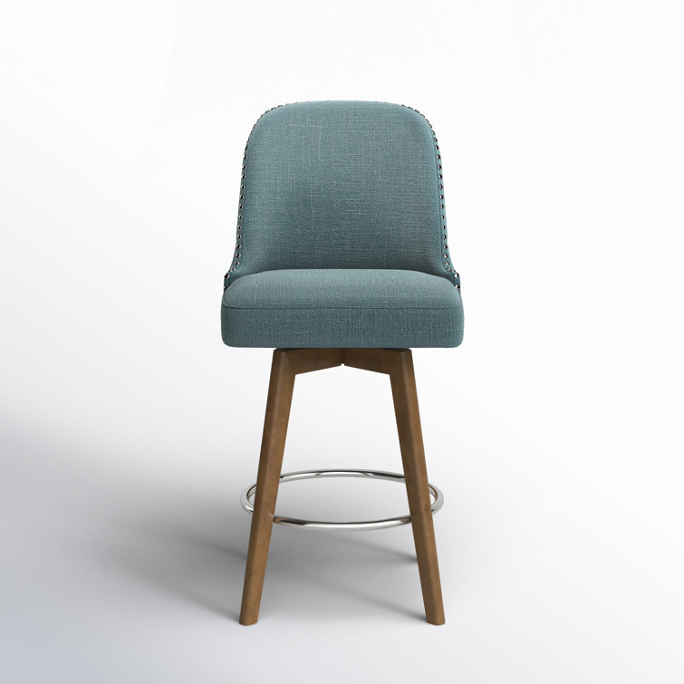 Elegant Blue Swivel Counter Stool with Walnut Wood Finish
