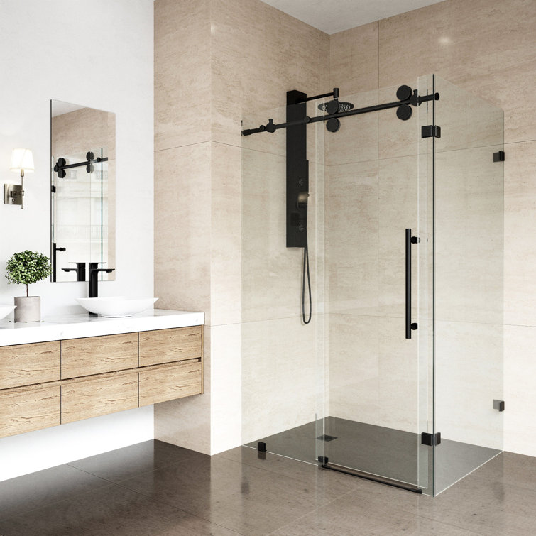 Winslow 46" Matte Black Frameless Sliding Shower Enclosure with Clear Glass