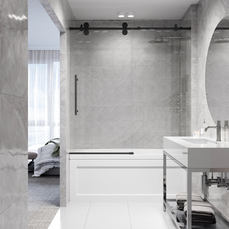 Elan 60" Matte Black Frameless Sliding Tub Door with Fluted Glass