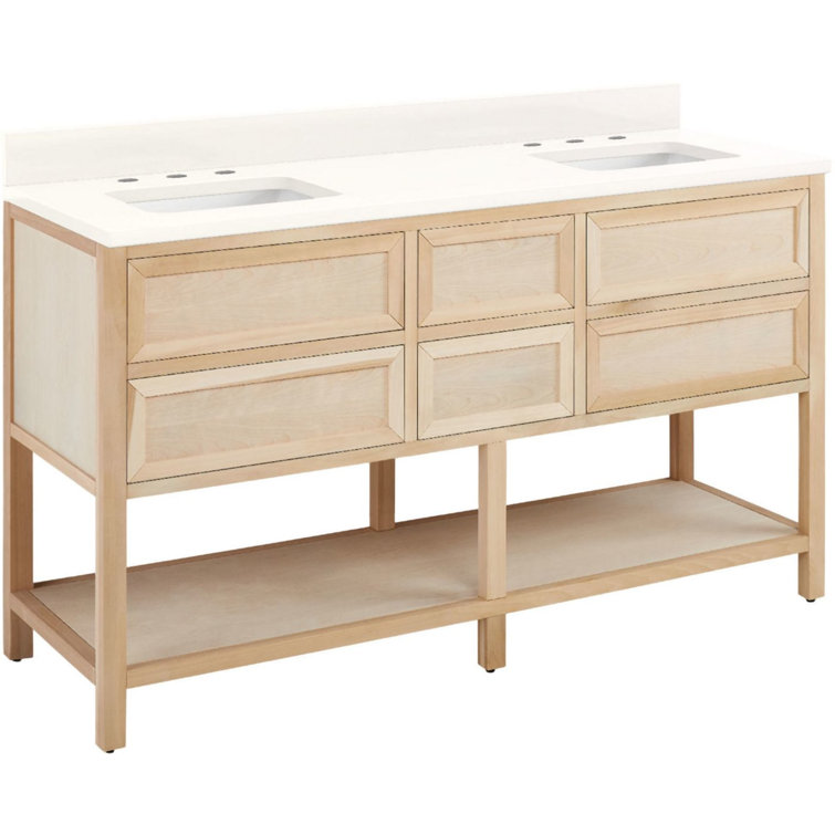 60" Brushed White Double Freestanding Bathroom Vanity with Arctic White Quartz Top