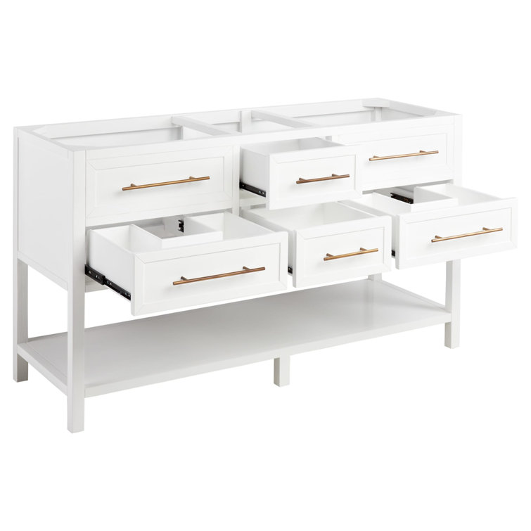 60" Bright White Double Freestanding Bathroom Vanity with Satin Brass Pulls