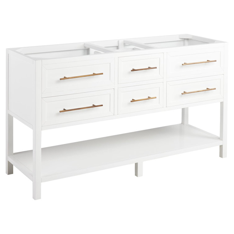 60" Bright White Double Freestanding Bathroom Vanity with Satin Brass Pulls