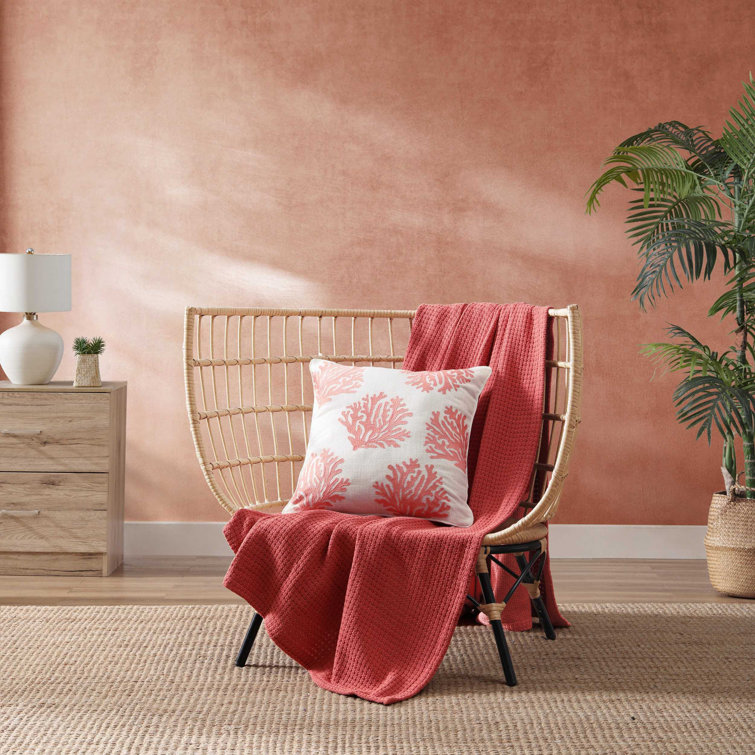 Coral Embroidered Square Coastal Throw Pillow