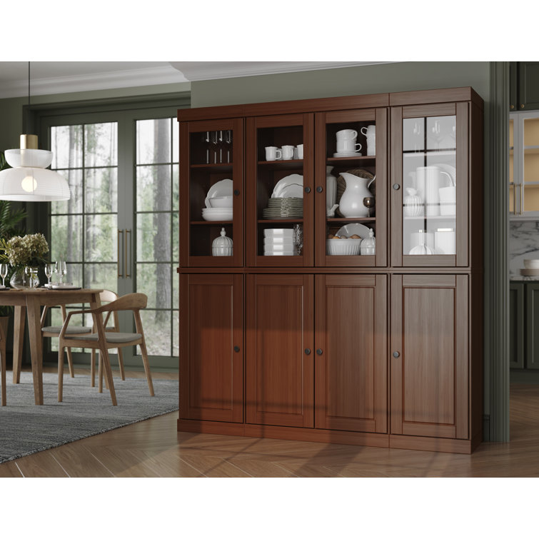 Mocha Solid Wood Raised Panel Kitchen Pantry Cabinet with Clear Glass Doors