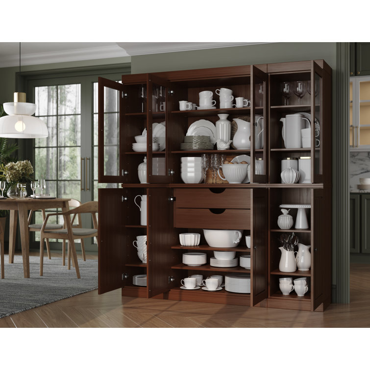 Mocha Solid Wood Raised Panel Kitchen Pantry Cabinet with Clear Glass Doors