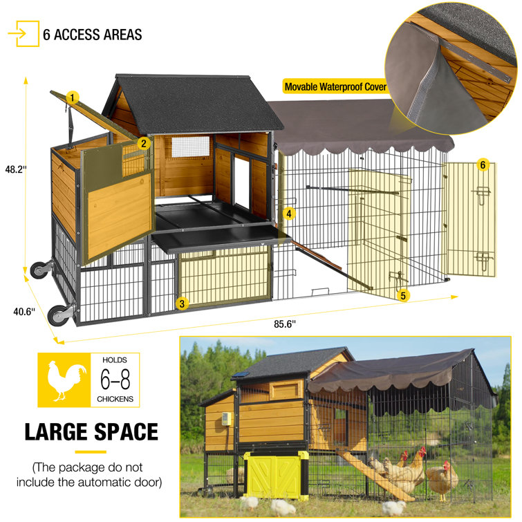 85" Movable Wooden and Steel Chicken Coop with Tarp Roof