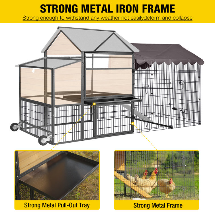 85" Movable Wooden and Steel Chicken Coop with Tarp Roof
