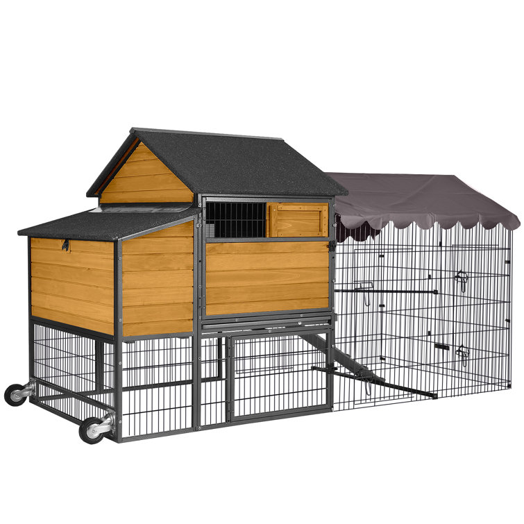 85" Movable Wooden and Steel Chicken Coop with Tarp Roof