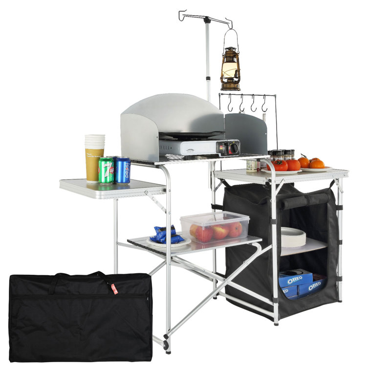 Black Aluminum Folding Camping Kitchen Table with Storage and Windscreen