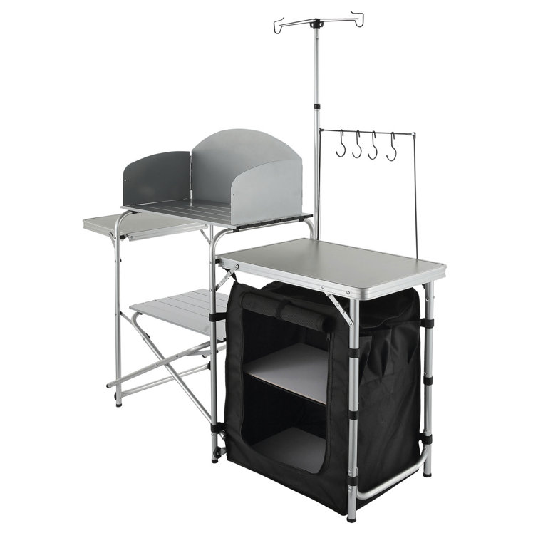 Black Aluminum Folding Camping Kitchen Table with Storage and Windscreen