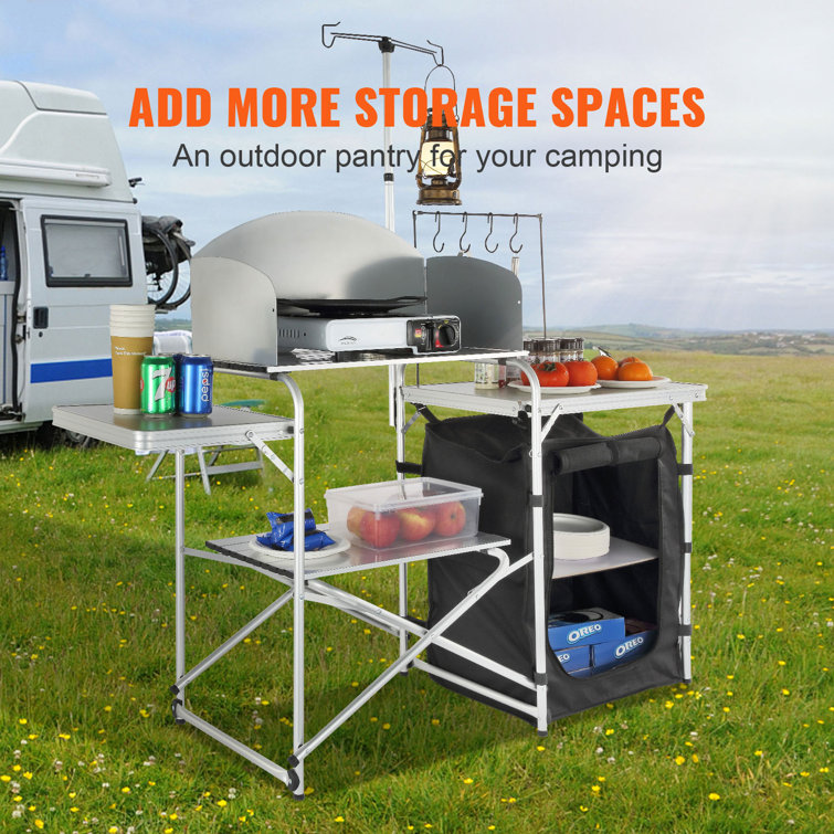 Black Aluminum Folding Camping Kitchen Table with Storage and Windscreen